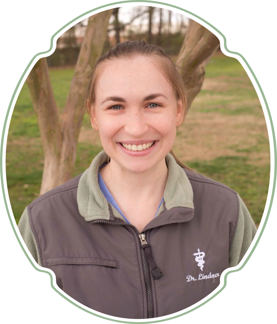 Desktop_Meet_the_Team_Christy_Lindner A smiling woman wearing a gray jacket with “Dr. Lindner” and a veterinary symbol embroidered on it, standing outdoors in front of trees and grass.